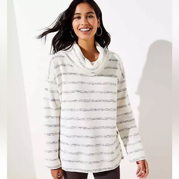 Loft Striped Cowl Neck Top Size XS in Whisper White Pullover Split Hem Sweater - Picture 1 of 12